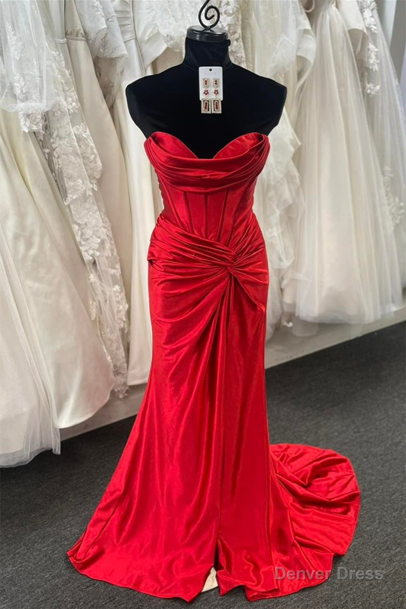Red Strapless Pleated Mermaid Twist Knot Long Prom Dresses with Slit Main image