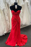 Red Strapless Pleated Mermaid Twist Knot Long Prom Dresses with Slit