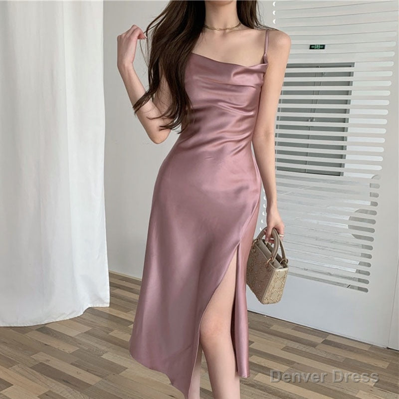Summer Women Sexy Party Dress High Slit Spaghetti Strap Vintage Pink Long Satin Slip Dress Plus Size Main image