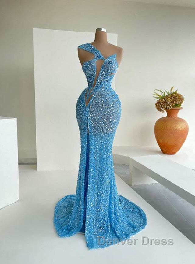 Ocean Blue Sequins One Shoulder Mermaid Long Prom Dresses With Split