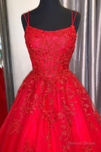Red Lace Long Backless Prom Dresses, Red Formal Graduation Dresses