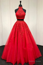 Elegant High Neck Two Piece Red Long Prom Dresses