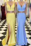 Two Piece Yellow-Blue Mermaid Long Prom Dresses with Side Slit