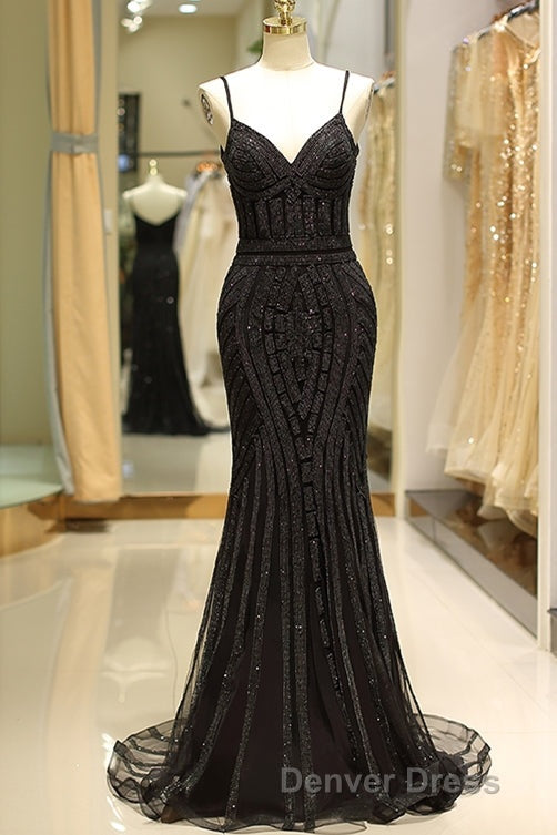 Mermaid Spaghetti Strap Black Beaded Prom Dresses