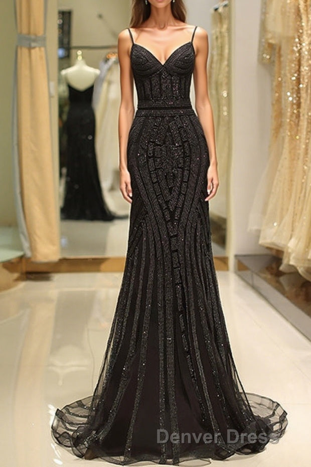 Mermaid Spaghetti Strap Black Beading Long Prom Dresses Main image
