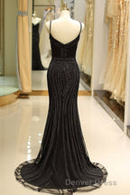 Mermaid Spaghetti Strap Black Beaded Formal Evening Dresses
