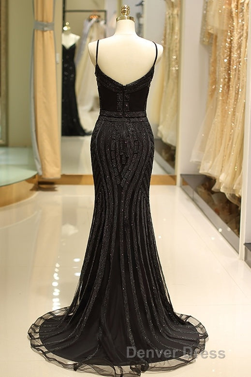 Mermaid Spaghetti Strap Black Beaded Prom Dresses