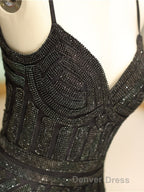 Mermaid Spaghetti Strap Black Beaded Prom Dresses