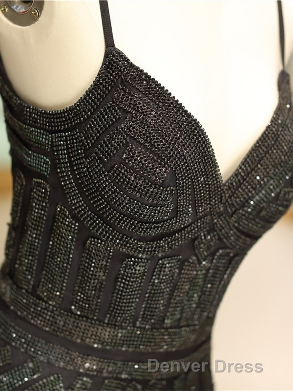 Mermaid Spaghetti Strap Black Beaded Prom Dresses