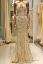 Mermaid Spaghetti Strap Black Beaded Formal Evening Dresses