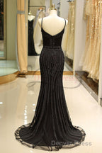 Mermaid Spaghetti Strap Black Beading Long Prom Dresses