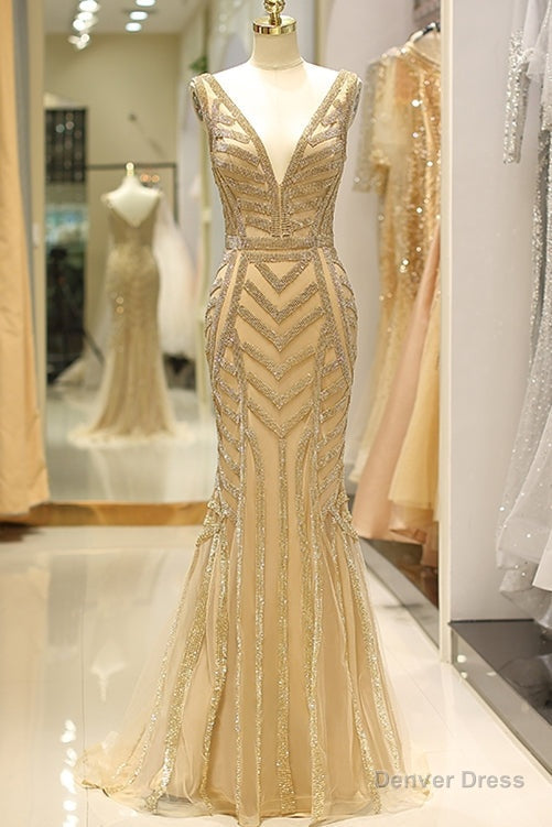 Elegant Mermaid Deep V Neck Gold Beaded Formal Evening Dress Main image