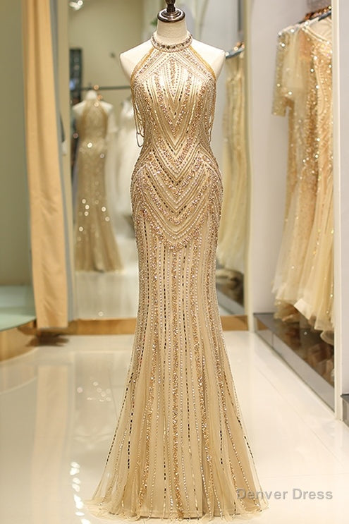 Mermaid High Neck Gold Beaded Long Formal Evening Dress Main image