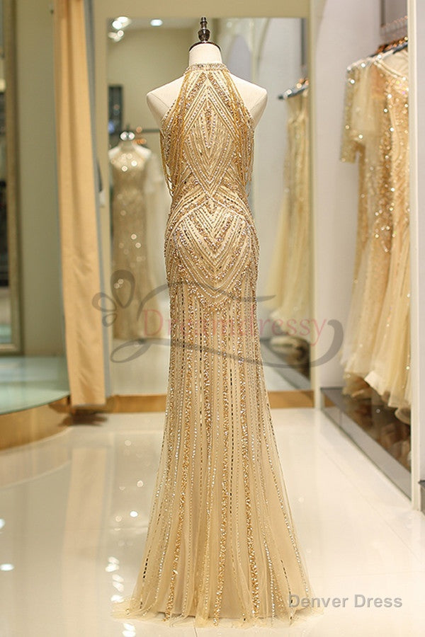 Mermaid High Neck Gold Beaded Long Formal Evening Dress Secondary image