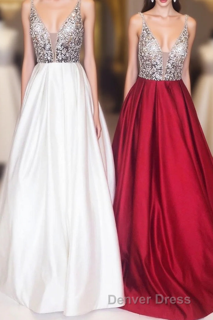 A-Line Spaghetti Straps Sequins Long Prom Dresses Main image