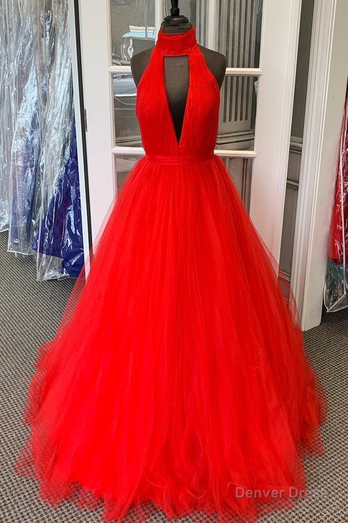 Halter Ruched Long Red Prom Dress with Open Back Main image