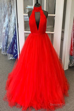 Halter Ruched Long Red Prom Dresses with Open Back
