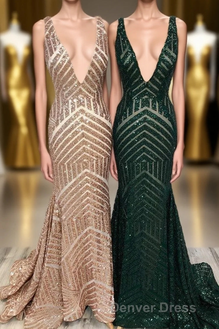 Sparkle Sequins V-Neck Mermaid Long Prom Dresses