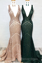 Sparkle Sequins V-Neck Mermaid Long Prom Dresses