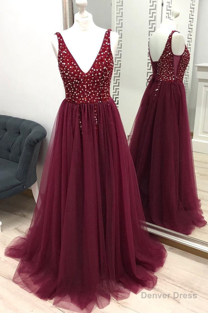 V-Neck Beaded Long Tulle Burgundy Prom Dress Main image