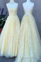 Princess Straps Long Prom Dresses with Lace Appliques