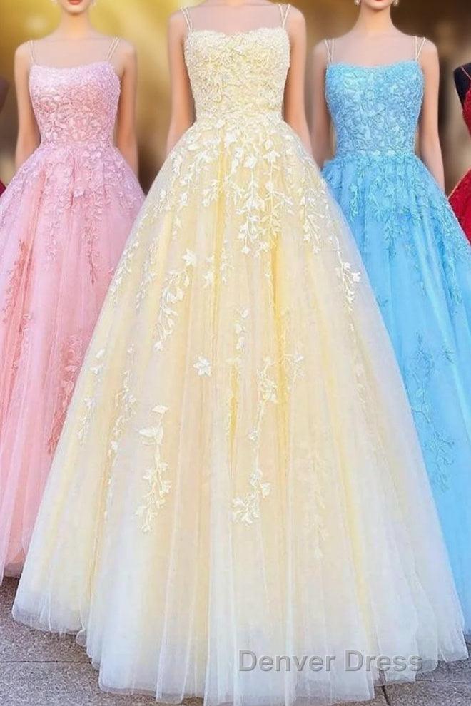 Princess Straps Long Prom Dresses with Lace Appliques Main image