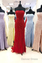 Strapless Light Blue Lace Long Prom Dresses with Slit