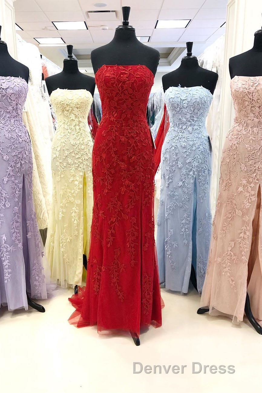 Strapless Light Blue Lace Long Prom Dresses with Slit