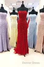 Strapless Light Blue Lace Long Prom Dresses with Slit