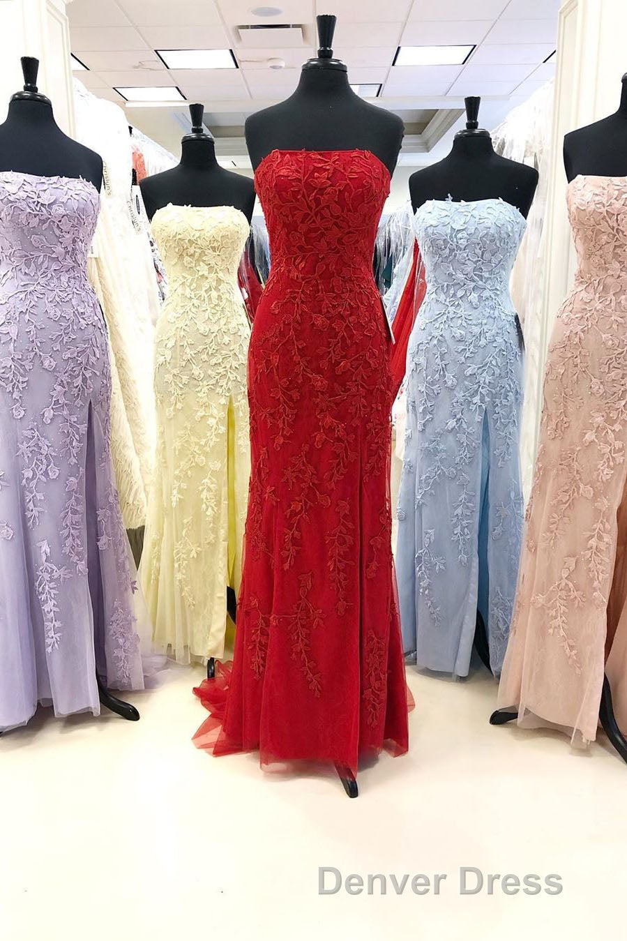 Strapless Light Blue Lace Long Prom Dresses with Slit