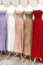 Strapless Light Blue Lace Long Prom Dresses with Slit