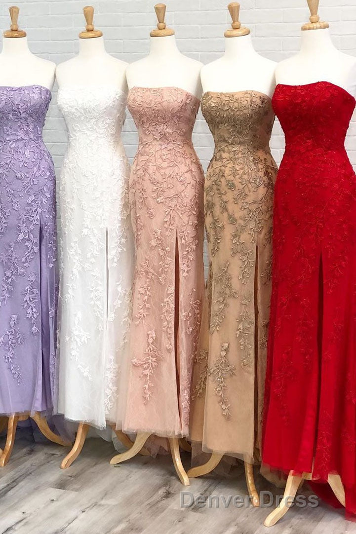 Strapless Light Blue Lace Long Prom Dresses with Slit
