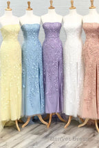 Strapless Light Blue Lace Long Prom Dresses with Slit