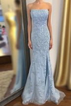 Strapless Light Blue Lace Long Prom Dresses with Slit
