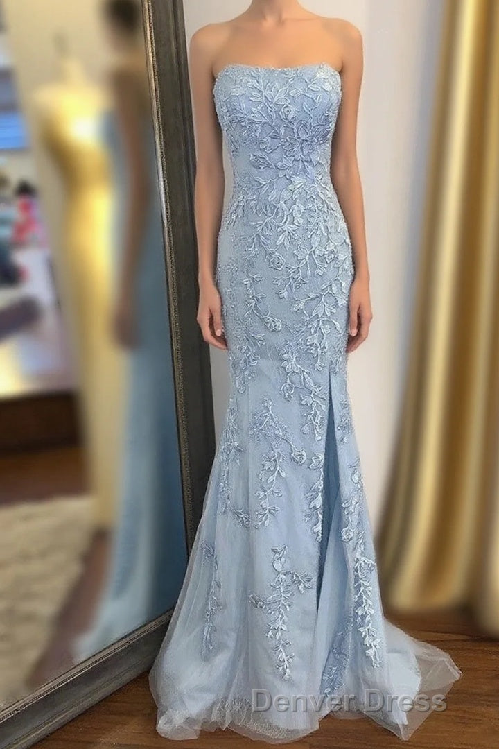 Strapless Light Blue Lace Long Prom Dresses with Slit