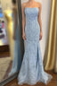Strapless Light Blue Lace Long Prom Dresses with Slit