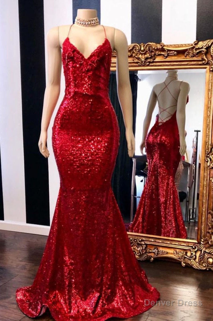 Mermaid Criss Back Red Sequins Long Prom Dresses Main image
