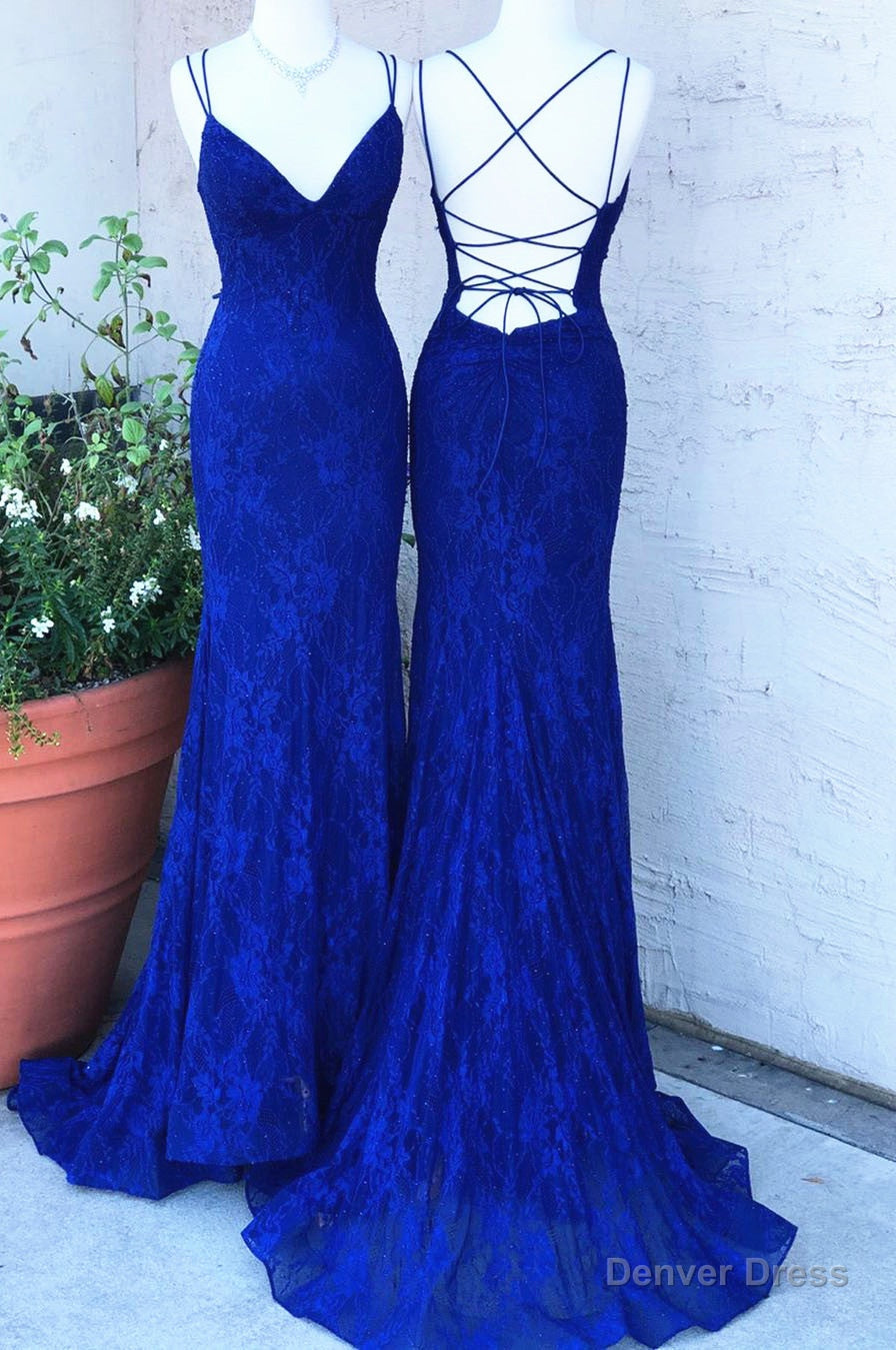 Elegant Straps Royal Blue Lace Long Prom Dresses Secondary image