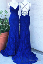 Elegant Straps Royal Blue Lace Long Prom Dresses