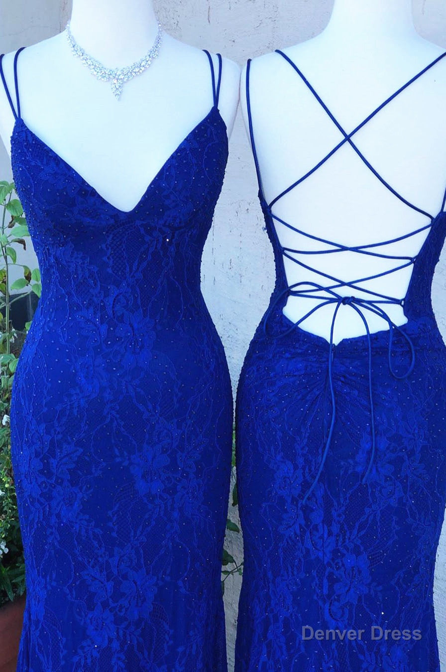 Elegant Straps Royal Blue Lace Long Prom Dresses Main image