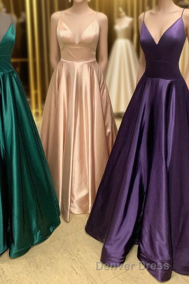 Simple A Line Straps Satin Long Prom Dresses
