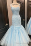 Straps Mermaid Light Blue Lace Appliqued Long Prom Dresses