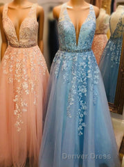 Elegant V Neck Appliques A-Line Long Tulle Prom Dresses