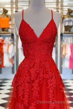 Elegant V Neck A Line Red Appliqued Long Prom Dresses