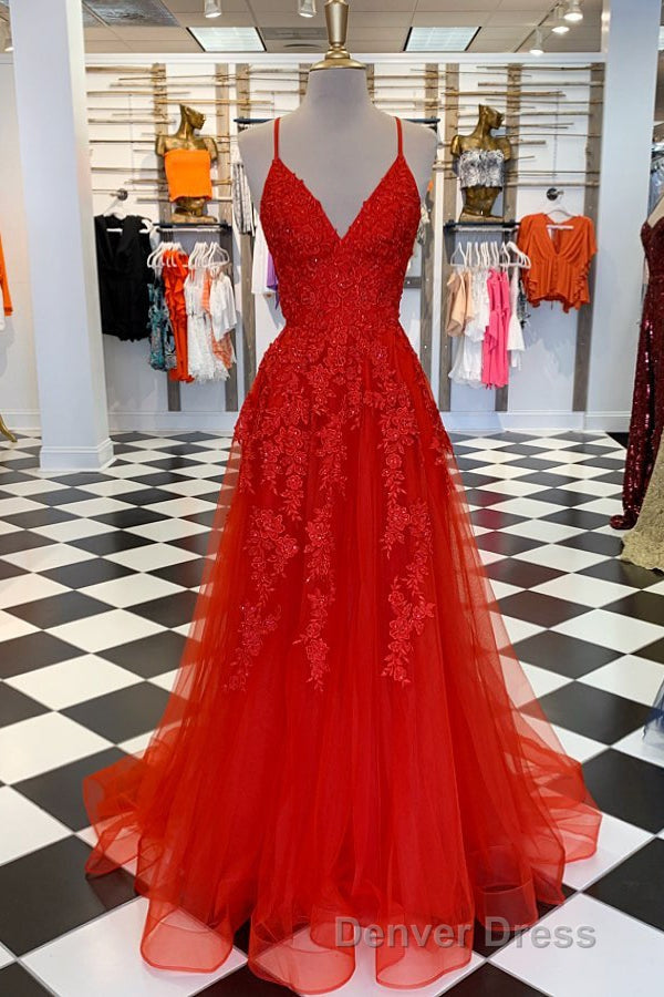 Elegant V Neck A Line Red Appliqued Long Prom Dresses