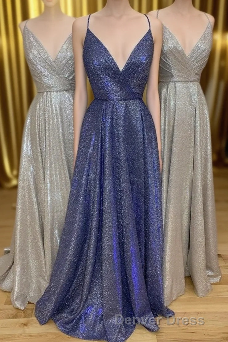Sparkly V Neck Straps A-Line Long Prom Dresses Main image