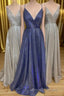 Sparkly V Neck Straps A-Line Long Prom Dresses