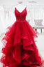 Elegant V Neck A Line Beaded Red Long Prom Dresses