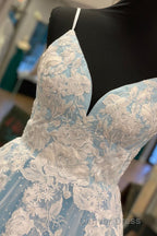 Elegant V Neck Lace-Up Back Pink Long Prom Dresses with Appliques