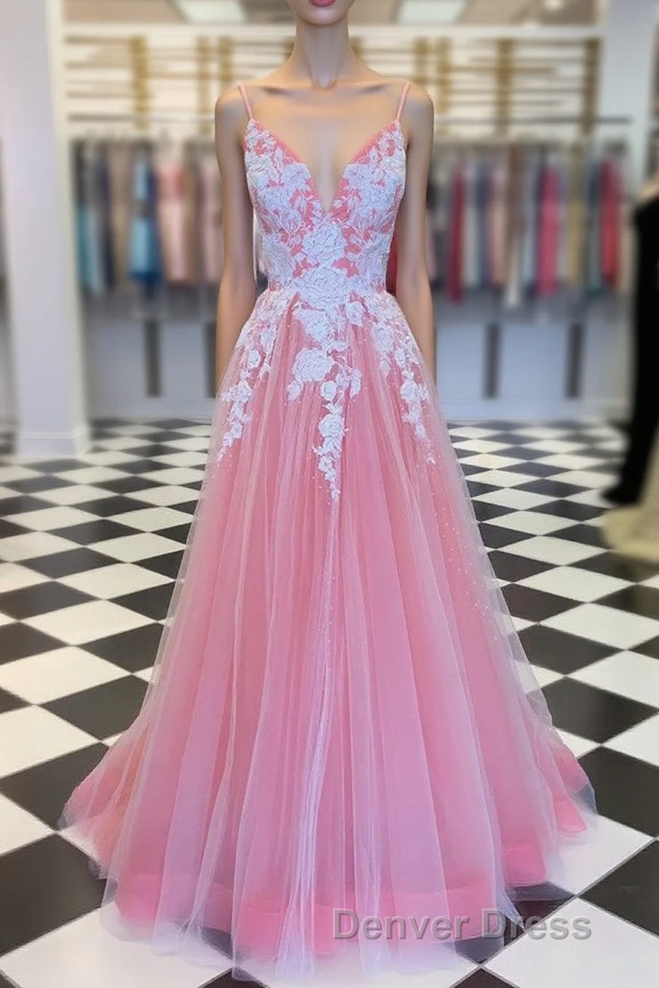 Elegant V Neck Lace-Up Back Pink Long Prom Dresses with Appliques Main image